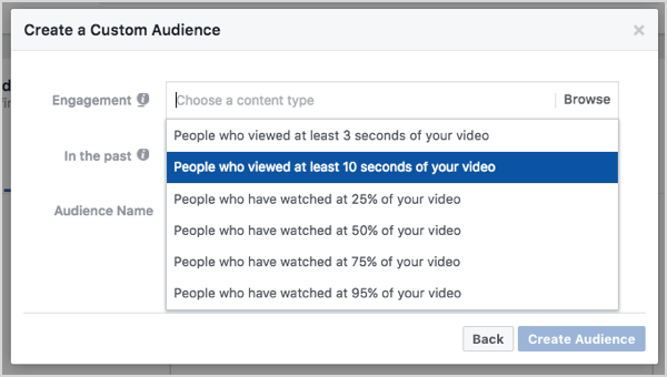 Facebook anpassad publik baserad på 10 sekunders videovisningar.