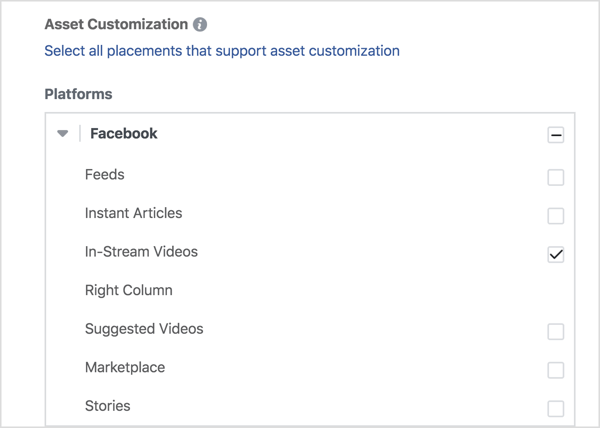 Om du bara vill visa dina videoannonser på Facebook väljer du In-Stream-videor under Facebook.