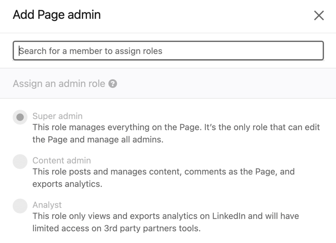 bild av dialogrutan Add Page Admin på Linkedin