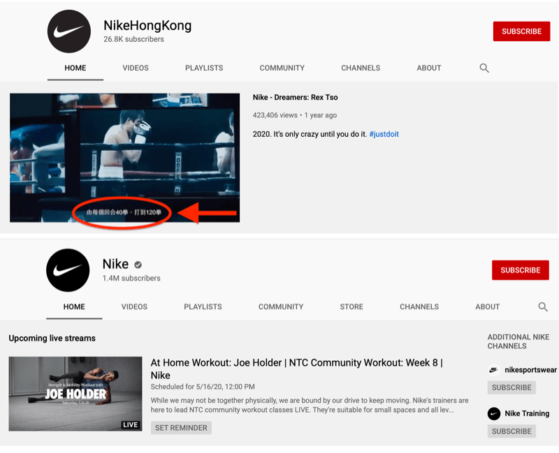 Nike YouTube-konto på hela marknaden och Hongkong-konto