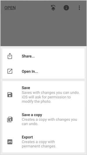 Dela, spara eller exportera din bild i mobilappar som Snapseed.