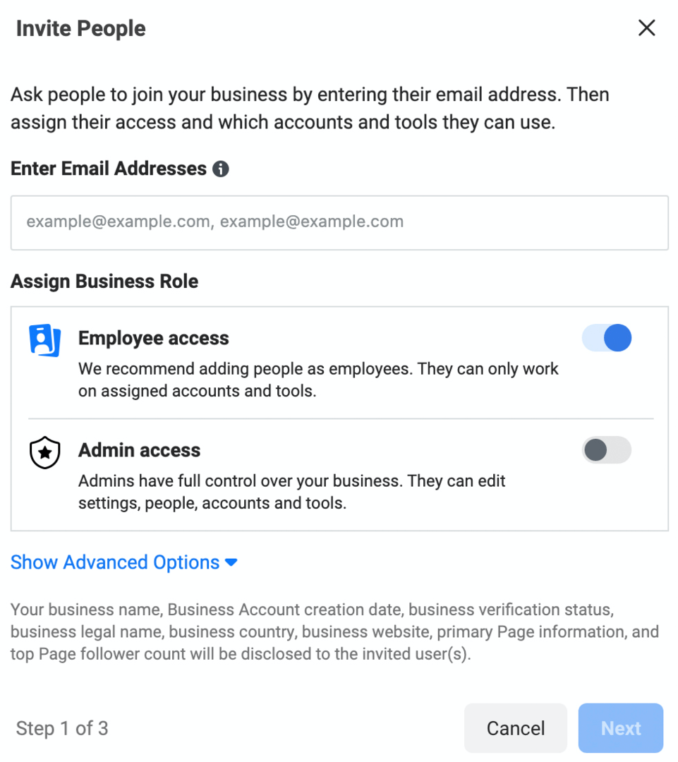 bild av skärmen Invite People i Meta Business Manager