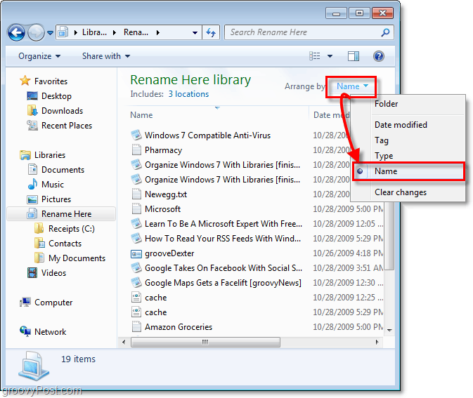 hur man ändrar arrangemanget för bibliotek i Windows 7