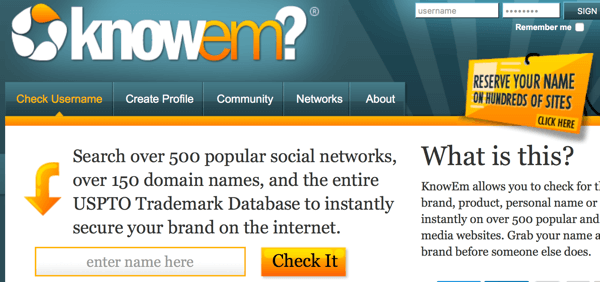 knowem ger en snabb sökning efter företag eller varumärke