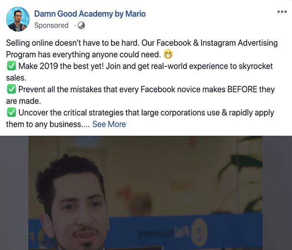 Hur man skriver och strukturerar längre form textbaserade Facebook-sponsrade inlägg, typ 1-problem och lösning, exempel av Damn Good Academy av Mario