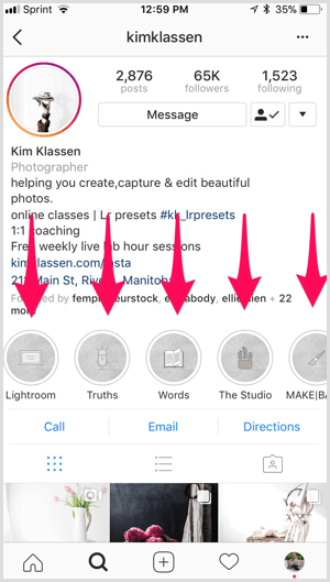 Instagram-märkta höjdpunkter på Kim Klassen-profilen.
