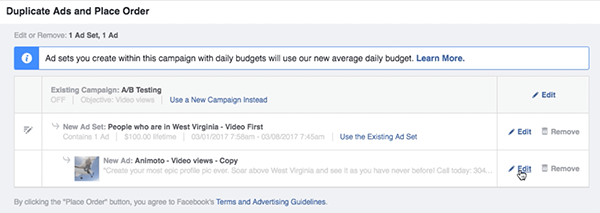 Klicka på länken Redigera till höger om din nya Facebook-annonsuppsättning.