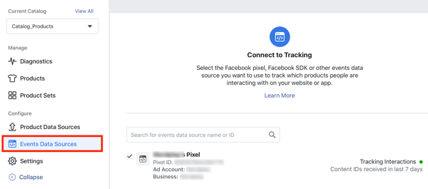 Använd Facebook Event Setup Tool, steg 24, menyalternativ för att ansluta Facebook-pixeln till din katalog