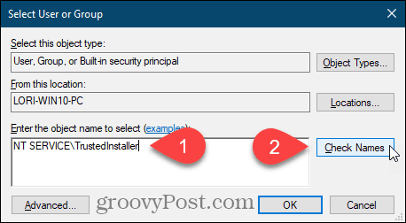 Ange användarnamn och klicka på Kontrollera namn för en Windows-registernyckel