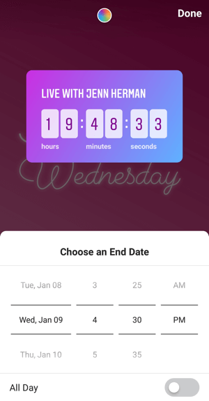 Så här använder du Instagram Countdown-klistermärke för företag, steg 4 nedräkningstid.