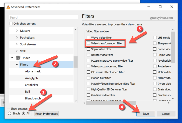 Aktivera videotransformationsfilter i VLC på Windows