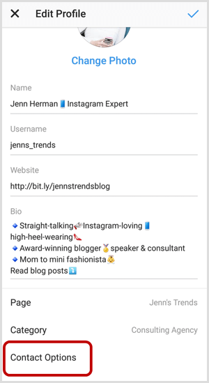 Kontaktalternativ på Instagram Redigera profilskärmen