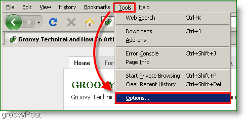 Skärmdump: Firefox Tools, Options Menu
