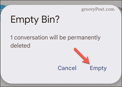 Bekräfta att du vill tömma Gmail papperskorgen på mobilen