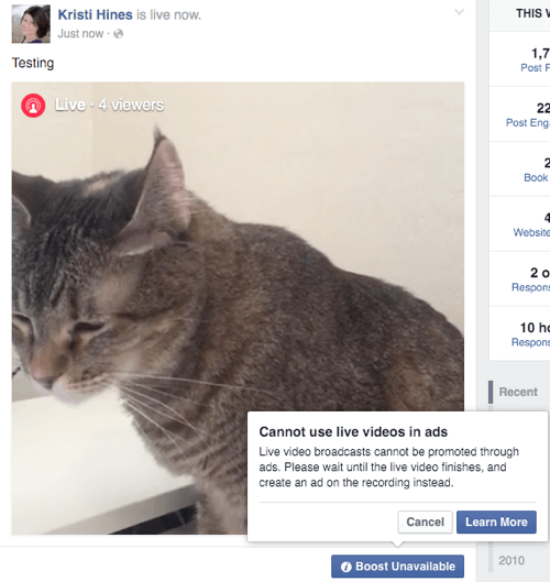 Facebook live video boost är inte tillgängligt