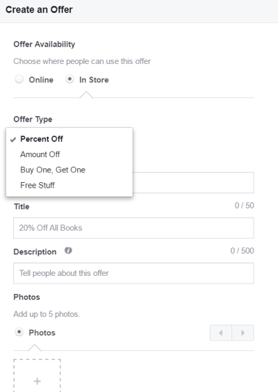 Inställningarna som är tillgängliga när du skapar ett Facebook-erbjudande.