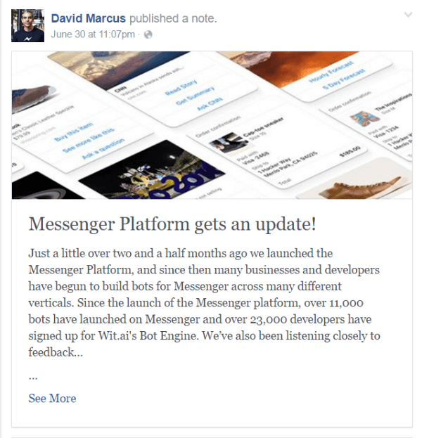 uppdatering av facebook messenger bot