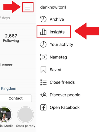 Strategi för marknadsföring av sociala medier; Skärmdump av var du kan komma åt Instagram Insights i Instagram-appen.