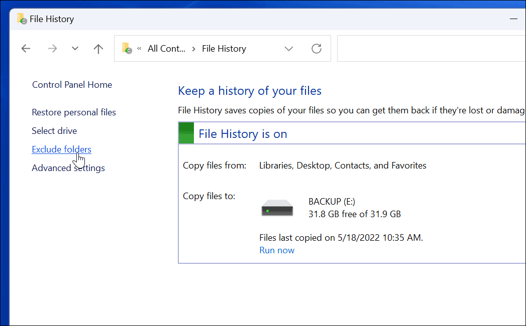 Uteslut användning av filhistorik på Windows 11