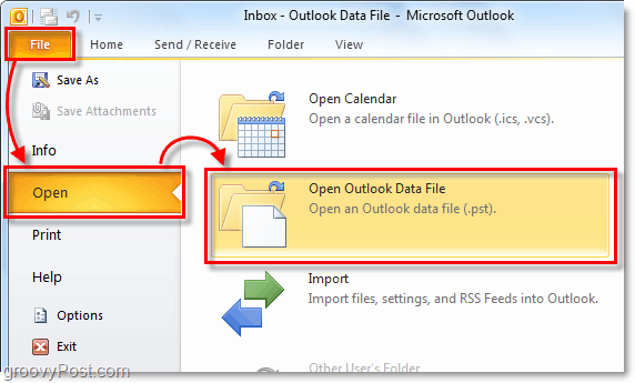 öppna din mapp som innehåller din arkiv-pst-fil från Outlook 2010
