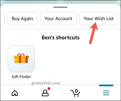 Öppnar önskelistan i Amazon-appen