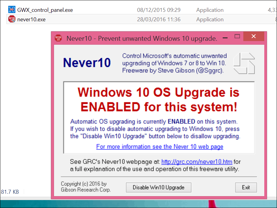 Stoppa Windows 10-uppgraderingen med Never 10 eller GWX-appen själv