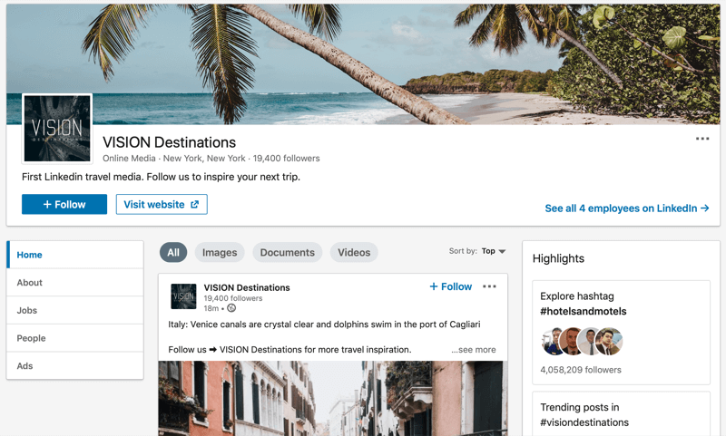 LinkedIn-företagsida för VISION-destinationer