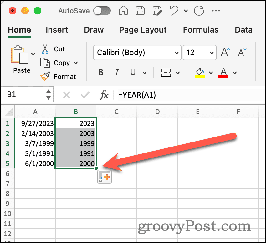 Autofyll-handtag i Excel