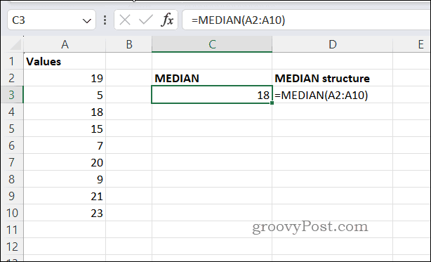 Exempel MEDIAN-resultat i Excel