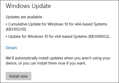 Windows 10 uppdaterar KB3105210 KB3106932