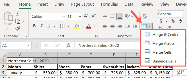 Sammanfoga alternativ i Excel
