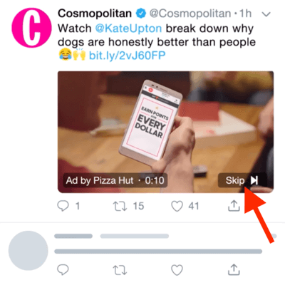 Exempel på en Twitter-videoannons med möjlighet att hoppa över annonsen efter 6 sekunder.