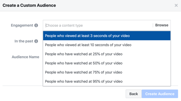 Möjlighet att skapa en Facebook-annons anpassad publik för personer som tittade på en del av din video.