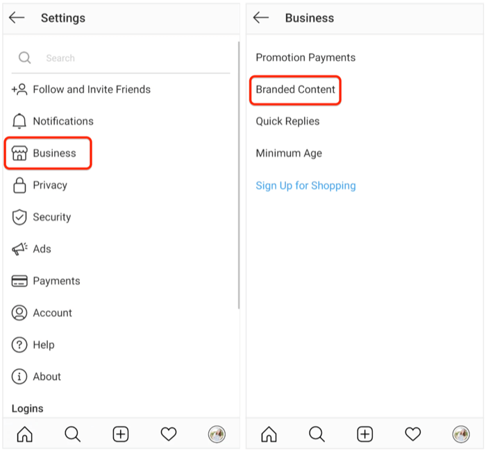 få tillgång till inställningar för Instagram-märkesinnehåll