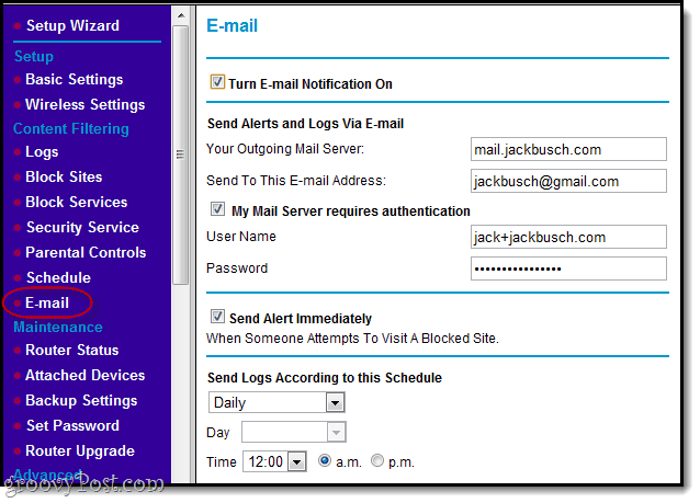 e-postvarningar för blockeringssidor i netgear