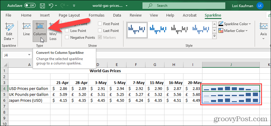Ändra Sparkline-typ i Excel