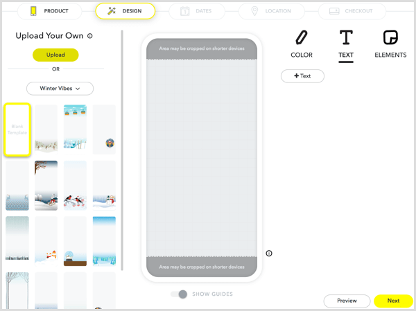 För att designa ditt filter, ladda upp ditt konstverk eller skapa teckningar med Snapchats verktyg.