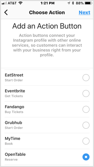 Instagram Lägg till en Action Button-skärm för tjänster från tredje part