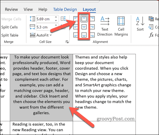 Ställ in centrerad textjustering för text i en Word-tabell