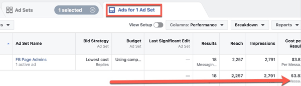 Visa mätvärden för Facebook-annonser i Facebook Ads Manager.