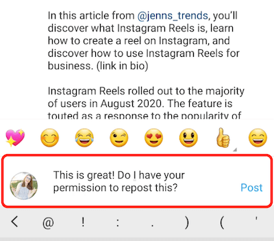 instagram post exempel kommentar svar komplimangerande och ber om tillstånd att lägga ut innehållet igen
