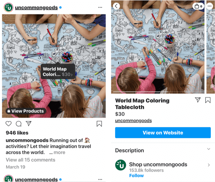 skärmdumpar som visar en instagram-tagg som läggs till i ett inköpbart produktinlägg samt produktens butiksida när en inläggstagg har valts