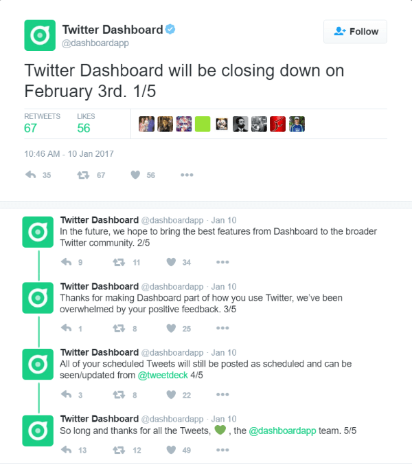 Twitter stänger av Twitter Dashboard den 3 februari 2017.