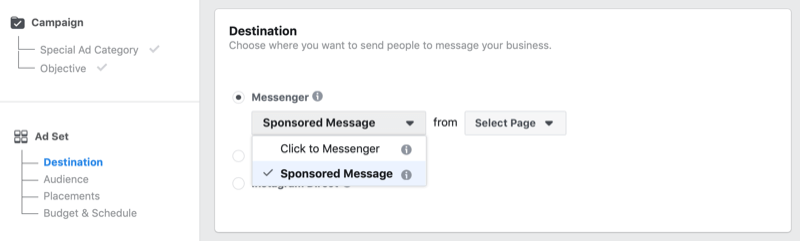Facebook-sponsrat meddelandealternativ i Facebook Ads Manager