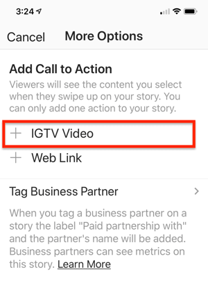 Alternativ att välja en IGTV-videolänk för att lägga till din Instagram-berättelse.