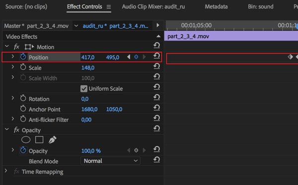 Inställning för att justera mittläget för varje bildruta i din sekvens i Adobe Premier Pro.