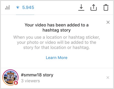 Instagram skickar ett meddelande om ditt innehåll läggs till i hashtaggen.