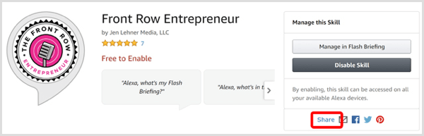 Klicka på länken Dela för din skicklighet i Alexa Skill Store.