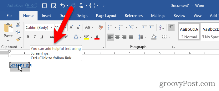 Anpassad skärmtips på text i Word
