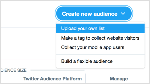 ladda upp din egen lista för att skapa en ny publik via Twitter Ads